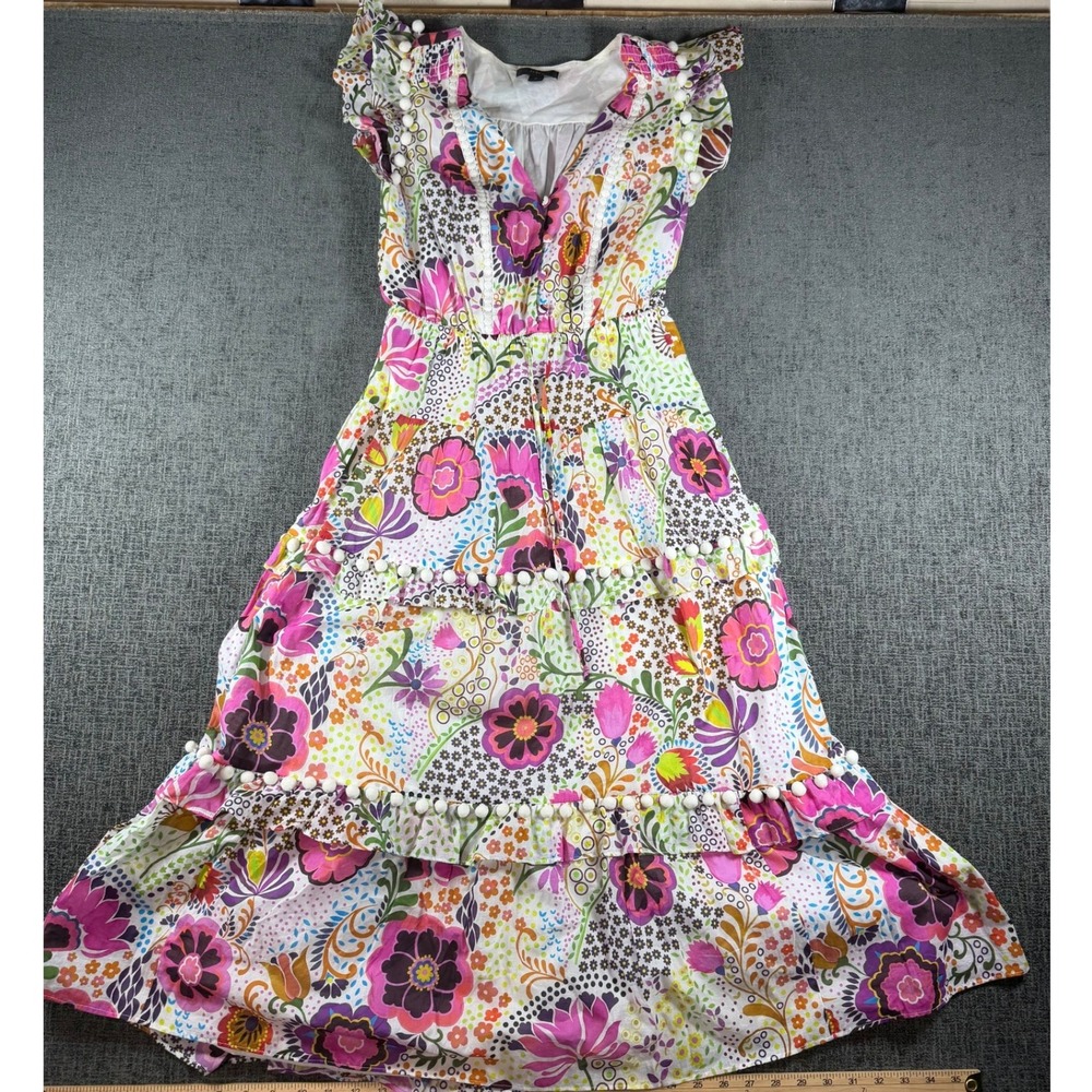 J.Crew Floral Pom Pom Tiered Maxi Dress Womens 0 Multicolor Flutter Sleeve VNeck